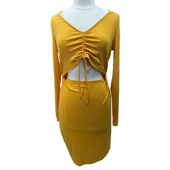 BCBG PARIS Rib Knit Cut Out Long Sleeve Body Con Dress LG - Picture 2 of 10